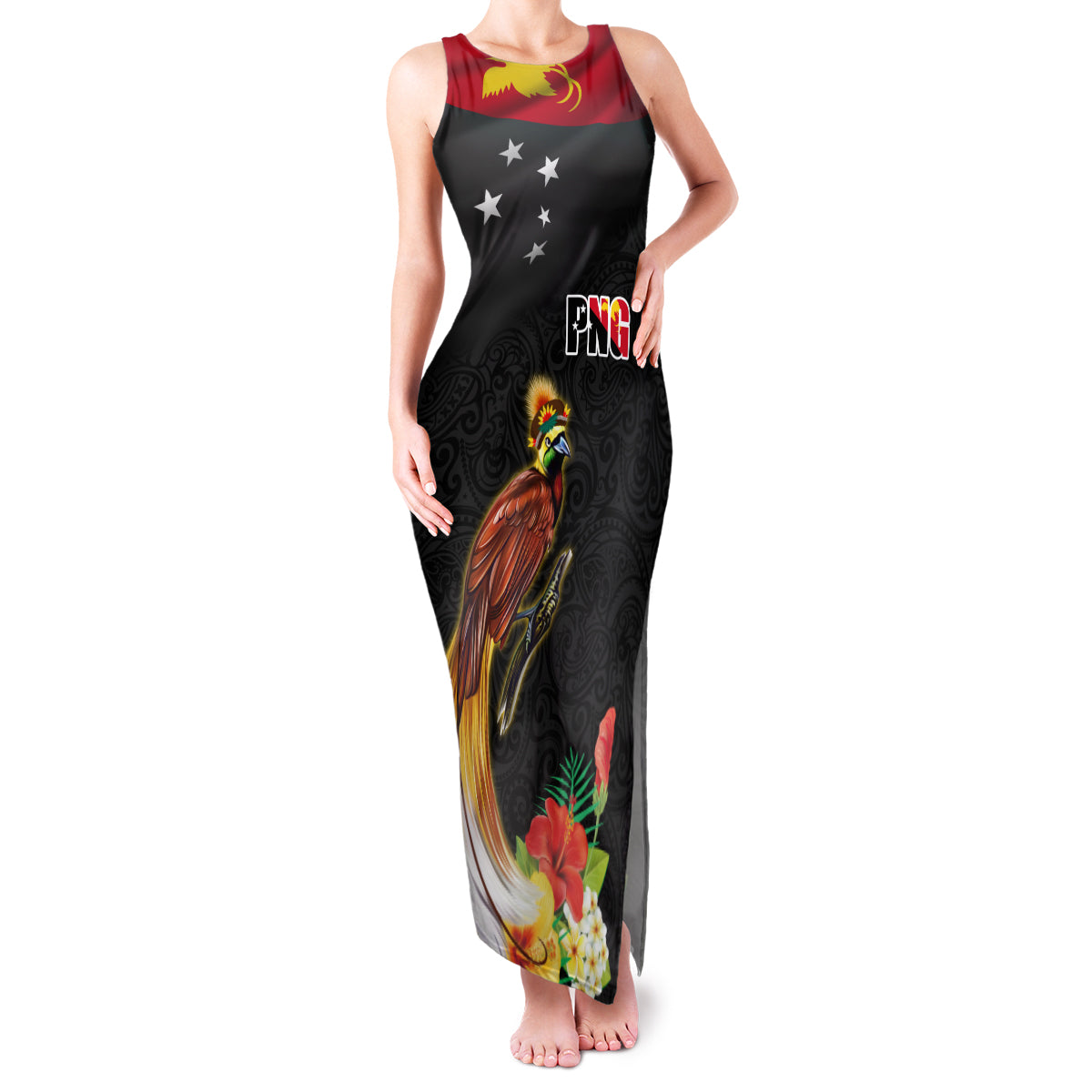 Papua New Guinea Independence Day Family Matching Tank Maxi Dress and Hawaiian Shirt PNG Flag and Bird-of-Paradise LT03 Mom's Dress Black - Polynesian Pride