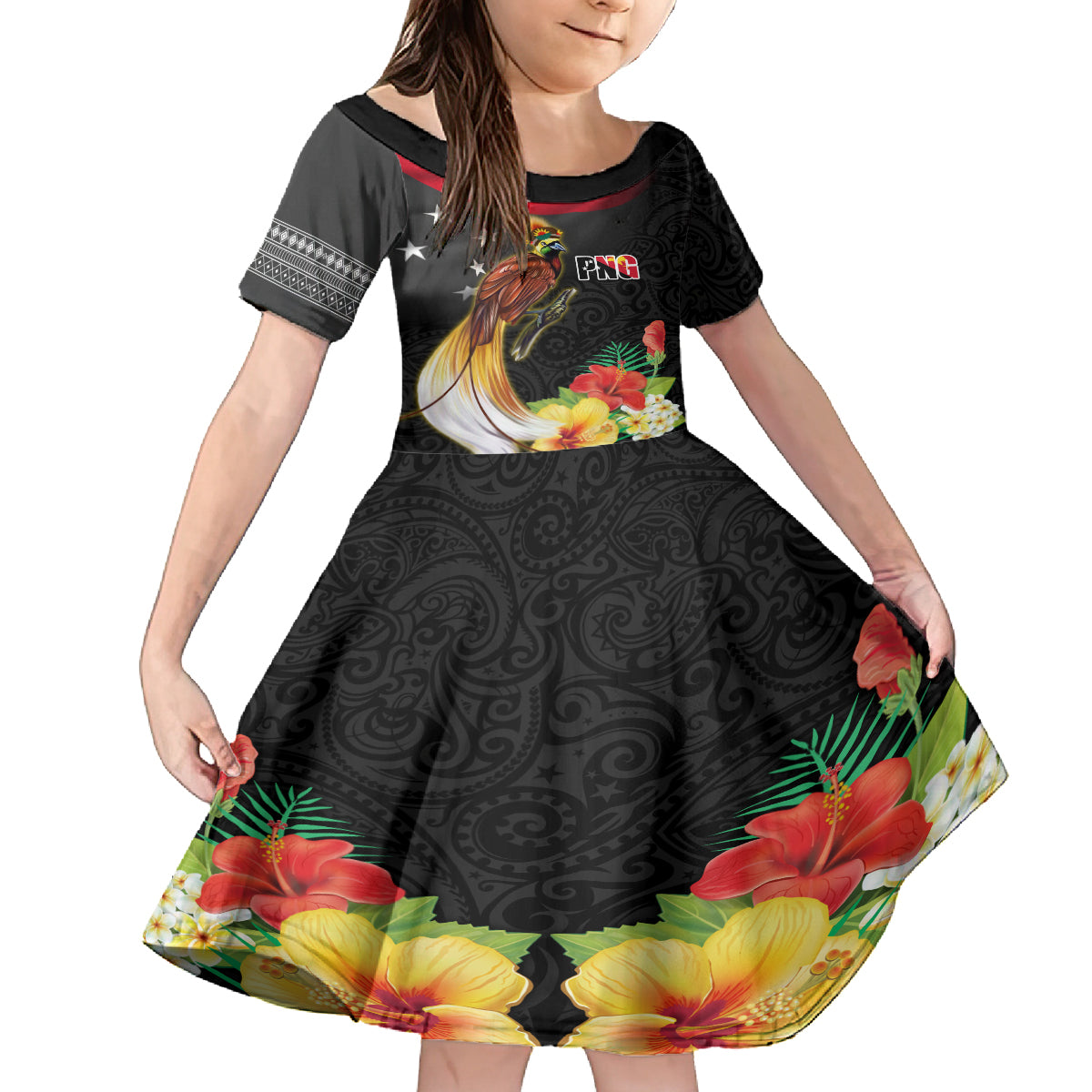 Papua New Guinea Independence Day Kid Short Sleeve Dress PNG Flag and Bird-of-Paradise LT03 KID Black - Polynesian Pride