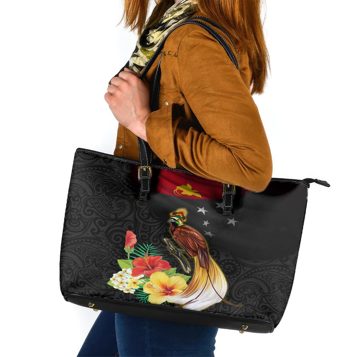Papua New Guinea Independence Day Leather Tote Bag PNG Flag and Bird-of-Paradise LT03 Black - Polynesian Pride