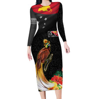 Papua New Guinea Independence Day Long Sleeve Bodycon Dress PNG Flag and Bird-of-Paradise LT03 Long Dress Black - Polynesian Pride