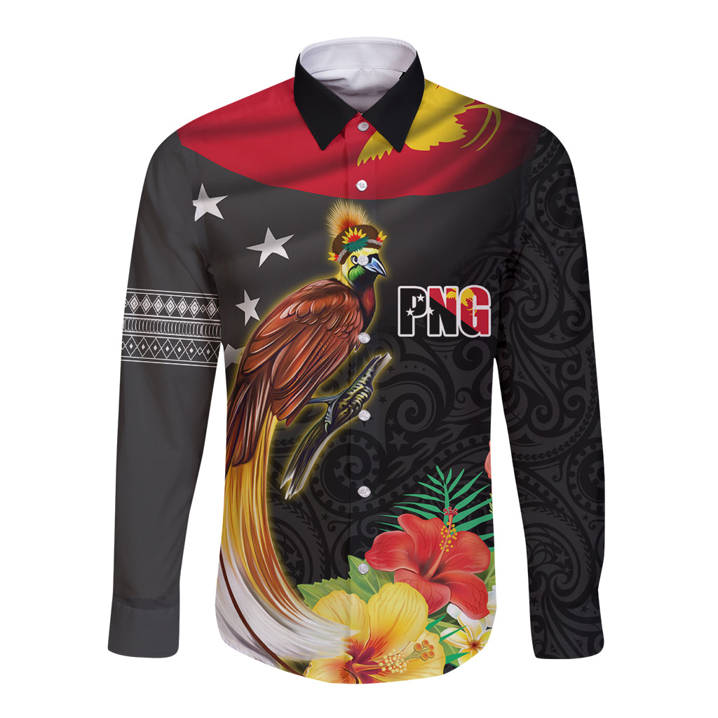 Papua New Guinea Independence Day Long Sleeve Button Shirt PNG Flag and Bird-of-Paradise LT03 Unisex Black - Polynesian Pride