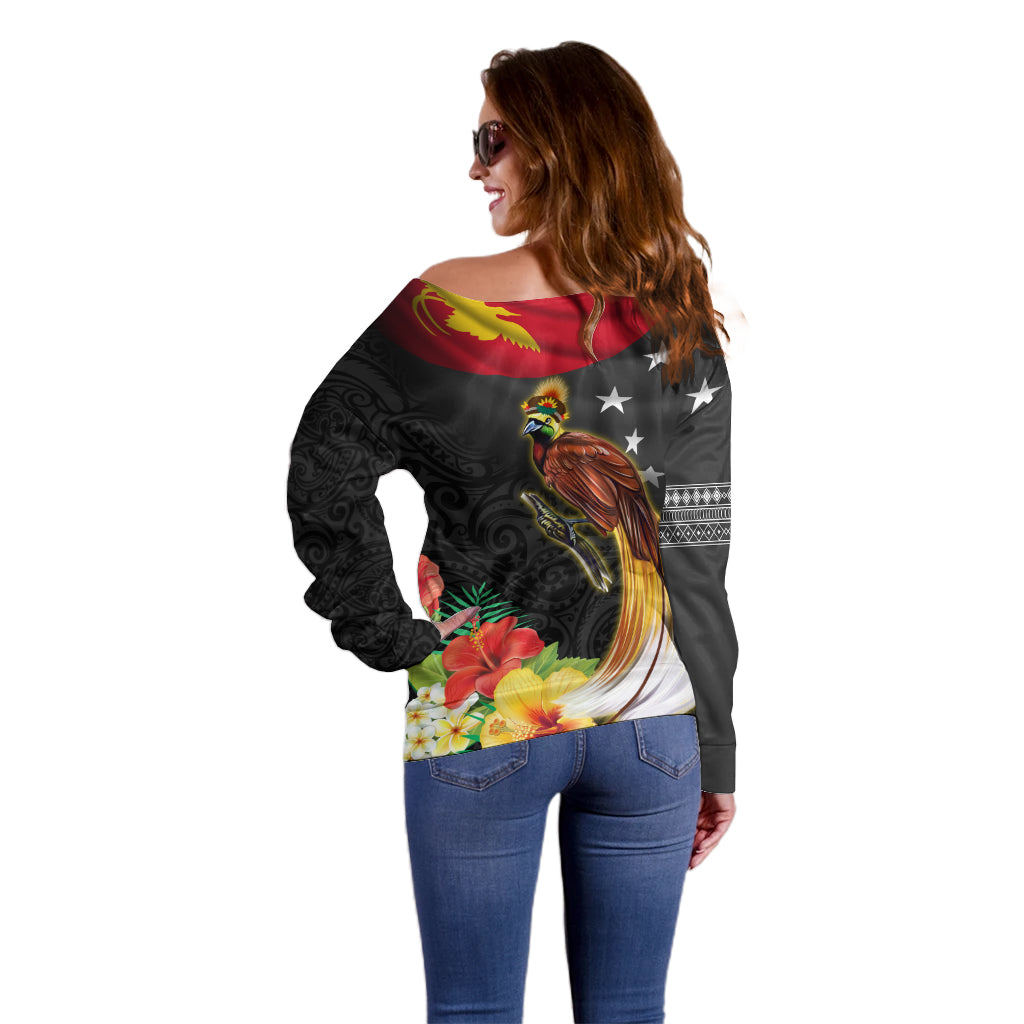 Papua New Guinea Independence Day Off Shoulder Sweater PNG Flag and Bird-of-Paradise LT03 - Polynesian Pride