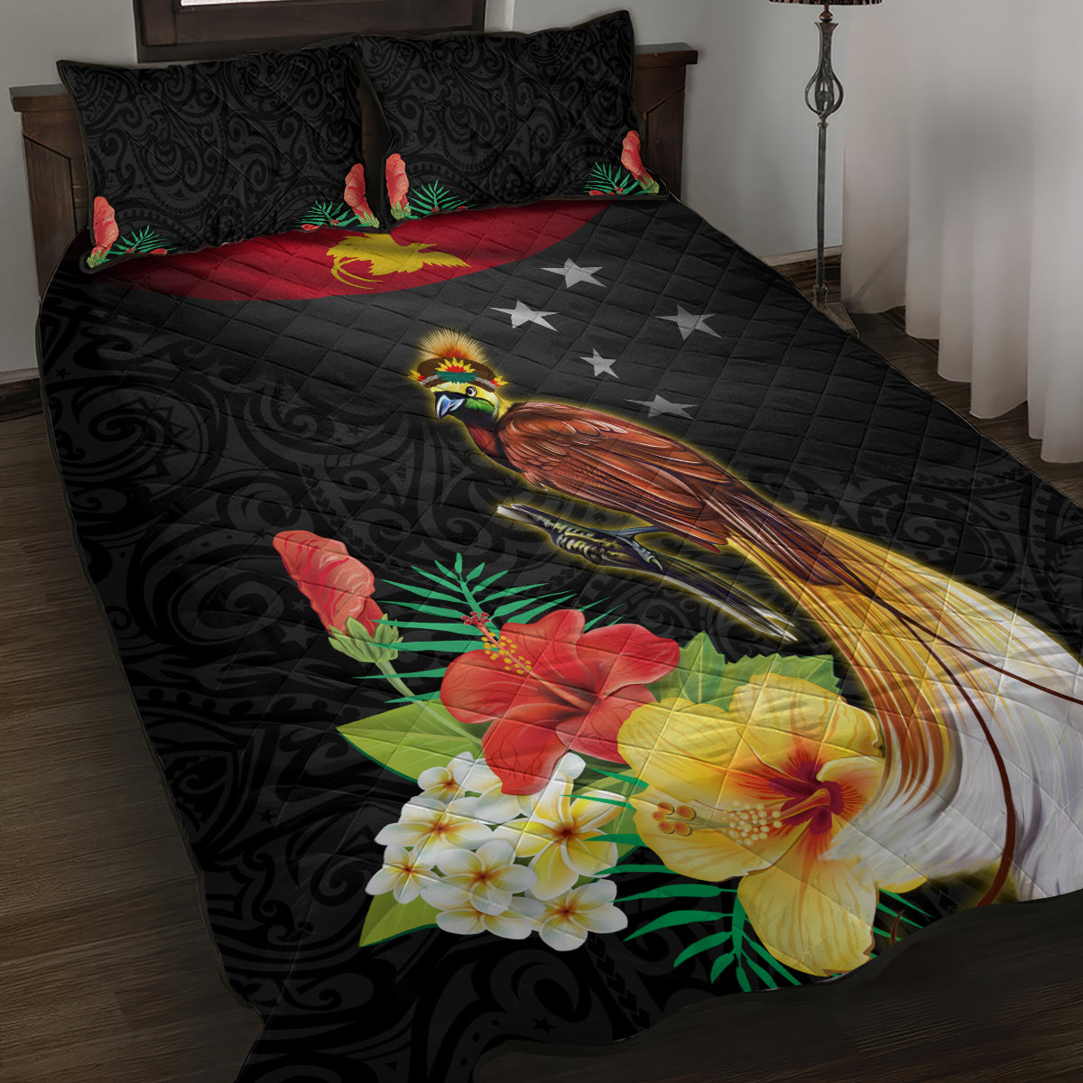 Papua New Guinea Independence Day Quilt Bed Set PNG Flag and Bird-of-Paradise LT03 Black - Polynesian Pride