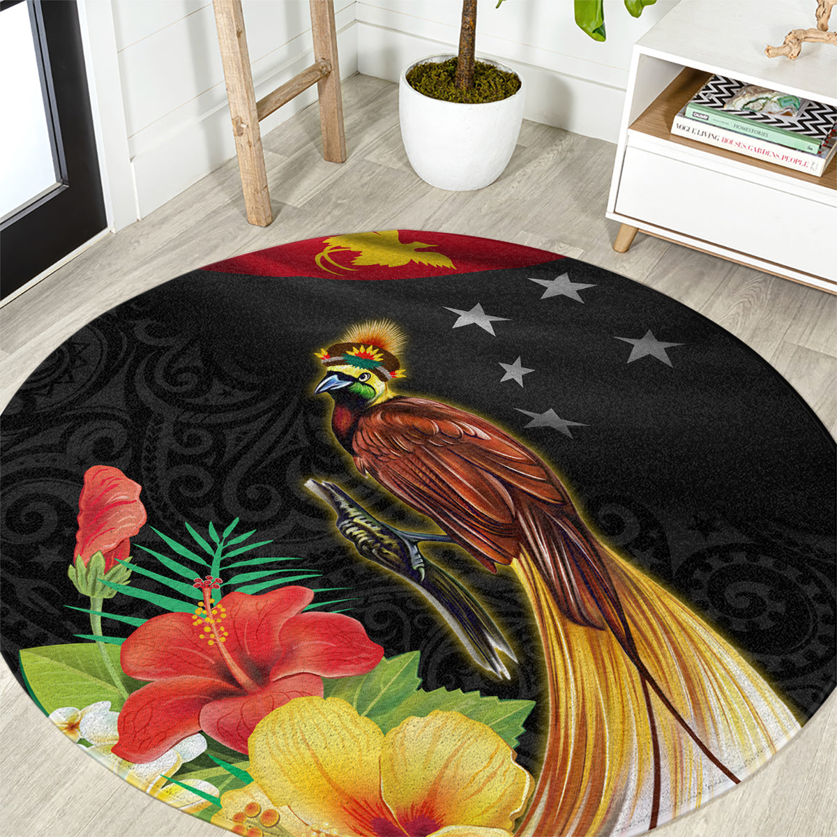 Papua New Guinea Independence Day Round Carpet PNG Flag and Bird-of-Paradise LT03 Black - Polynesian Pride