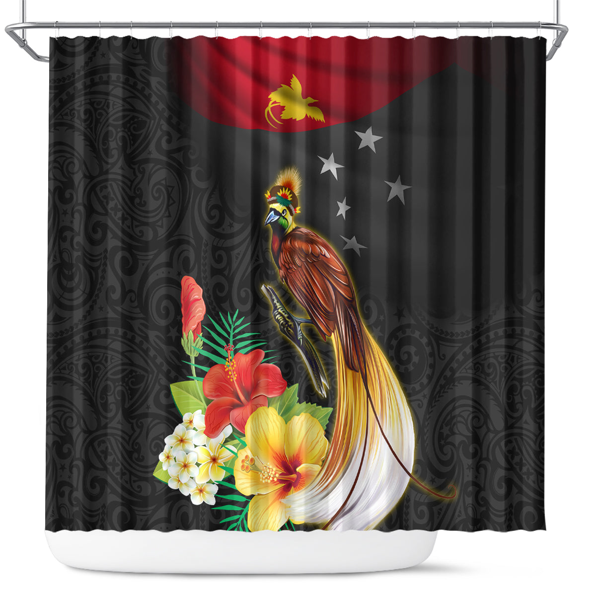 Papua New Guinea Independence Day Shower Curtain PNG Flag and Bird-of-Paradise LT03 Black - Polynesian Pride