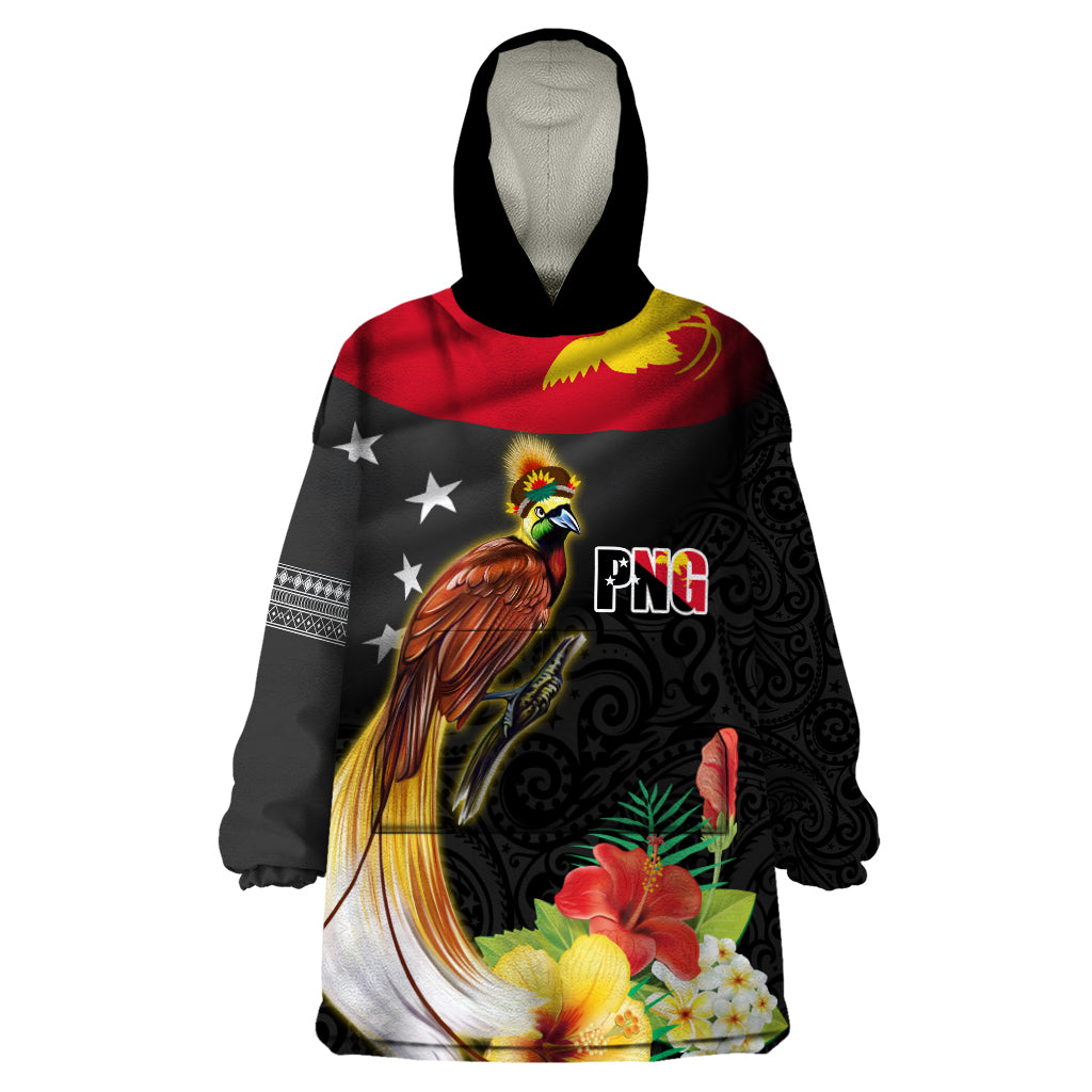 Papua New Guinea Independence Day Wearable Blanket Hoodie PNG Flag and Bird-of-Paradise LT03 One Size Black - Polynesian Pride