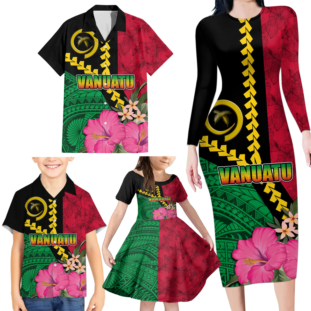 Vanuatu Flag Hibiscus Polynesian Pattern Family Matching Long Sleeve Bodycon Dress and Hawaiian Shirt LT03 - Polynesian Pride