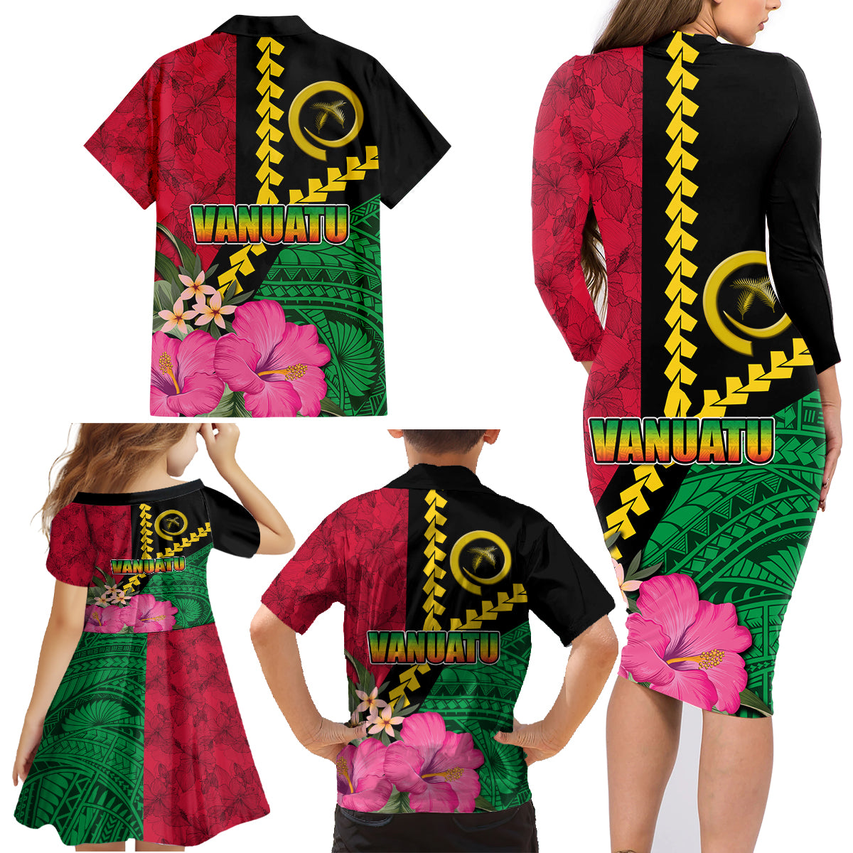Vanuatu Flag Hibiscus Polynesian Pattern Family Matching Long Sleeve Bodycon Dress and Hawaiian Shirt LT03 - Polynesian Pride