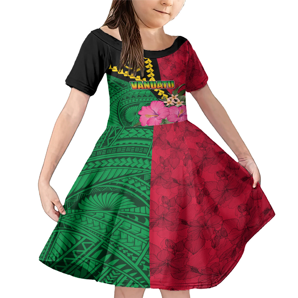 Vanuatu Flag Hibiscus Polynesian Pattern Family Matching Mermaid Dress and Hawaiian Shirt LT03 Daughter's Dress Black - Polynesian Pride