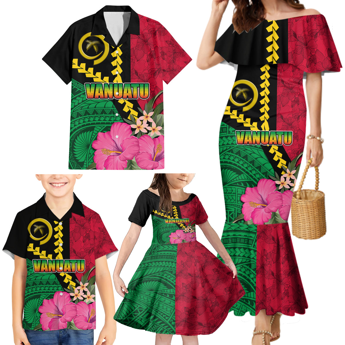 Vanuatu Flag Hibiscus Polynesian Pattern Family Matching Mermaid Dress and Hawaiian Shirt LT03 - Polynesian Pride