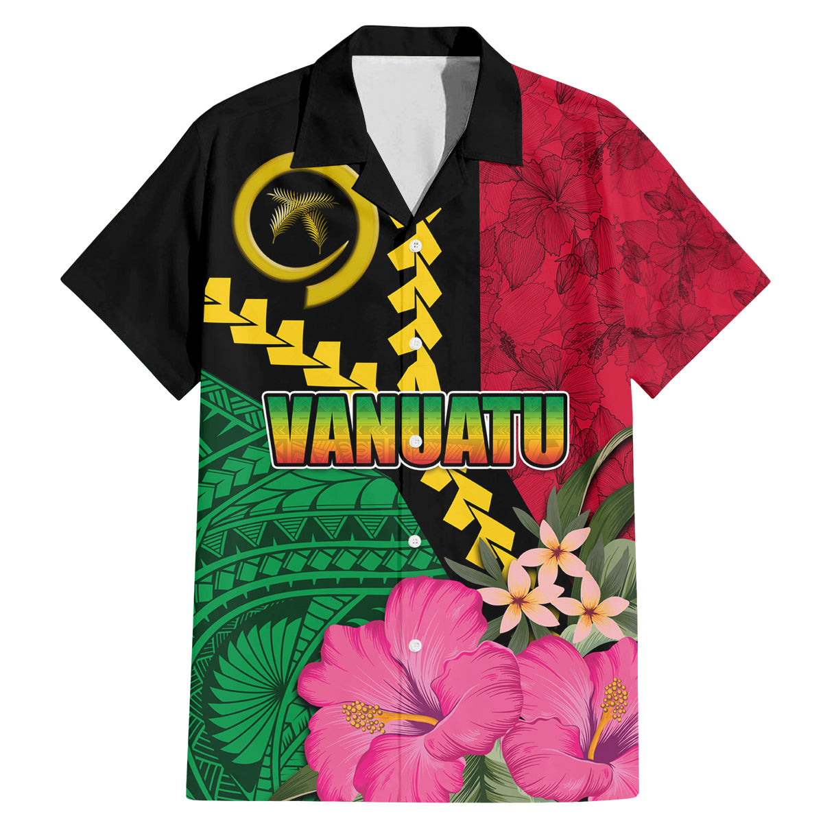 Vanuatu Flag Hibiscus Polynesian Pattern Family Matching Mermaid Dress and Hawaiian Shirt LT03 Dad's Shirt - Short Sleeve Black - Polynesian Pride