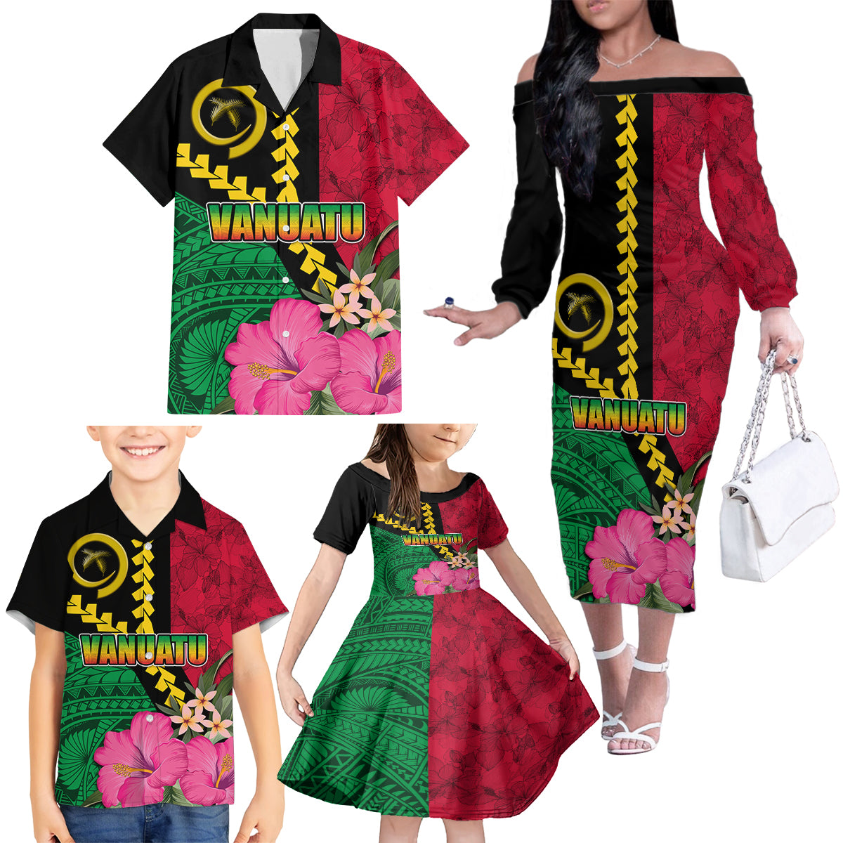 Vanuatu Flag Hibiscus Polynesian Pattern Family Matching Off The Shoulder Long Sleeve Dress and Hawaiian Shirt LT03 - Polynesian Pride