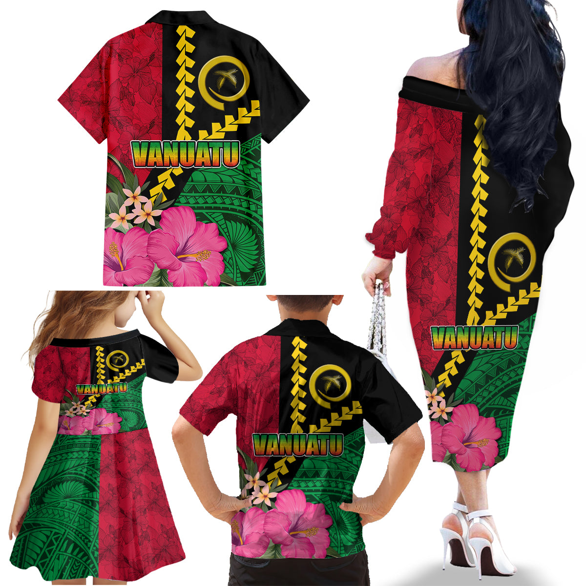 Vanuatu Flag Hibiscus Polynesian Pattern Family Matching Off The Shoulder Long Sleeve Dress and Hawaiian Shirt LT03 - Polynesian Pride