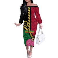 Vanuatu Flag Hibiscus Polynesian Pattern Family Matching Off The Shoulder Long Sleeve Dress and Hawaiian Shirt LT03 Mom's Dress Black - Polynesian Pride