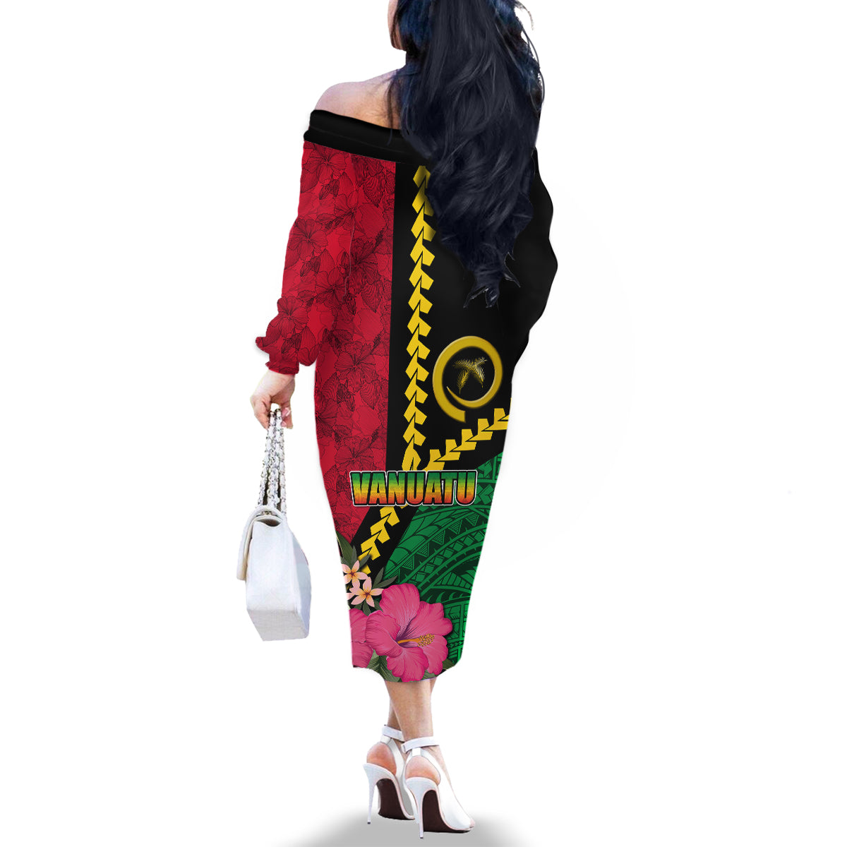 Vanuatu Flag Hibiscus Polynesian Pattern Family Matching Off The Shoulder Long Sleeve Dress and Hawaiian Shirt LT03 - Polynesian Pride