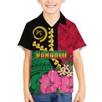 Vanuatu Flag Hibiscus Polynesian Pattern Family Matching Off The Shoulder Long Sleeve Dress and Hawaiian Shirt LT03 Son's Shirt Black - Polynesian Pride
