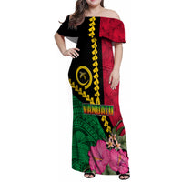 Vanuatu Flag Hibiscus Polynesian Pattern Family Matching Off Shoulder Maxi Dress and Hawaiian Shirt