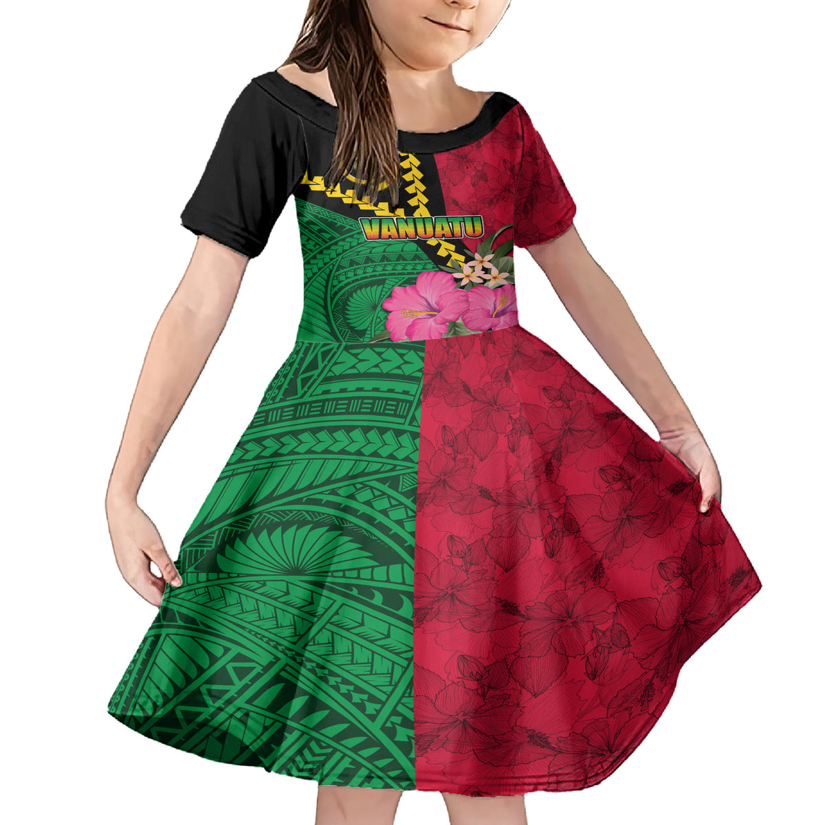 Vanuatu Flag Hibiscus Polynesian Pattern Family Matching Short Sleeve Bodycon Dress and Hawaiian Shirt LT03 Daughter's Dress Black - Polynesian Pride