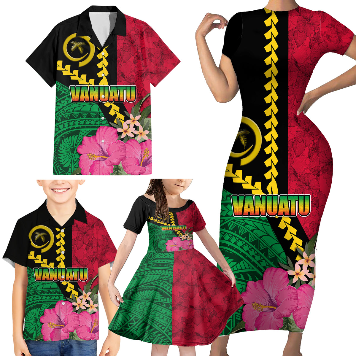 Vanuatu Flag Hibiscus Polynesian Pattern Family Matching Short Sleeve Bodycon Dress and Hawaiian Shirt LT03 - Polynesian Pride
