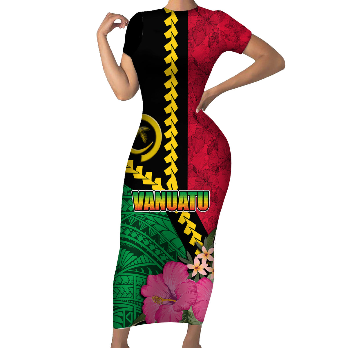 Vanuatu Flag Hibiscus Polynesian Pattern Family Matching Short Sleeve Bodycon Dress and Hawaiian Shirt LT03 Mom's Dress Black - Polynesian Pride