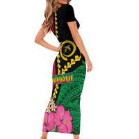 Vanuatu Flag Hibiscus Polynesian Pattern Family Matching Short Sleeve Bodycon Dress and Hawaiian Shirt LT03 - Polynesian Pride
