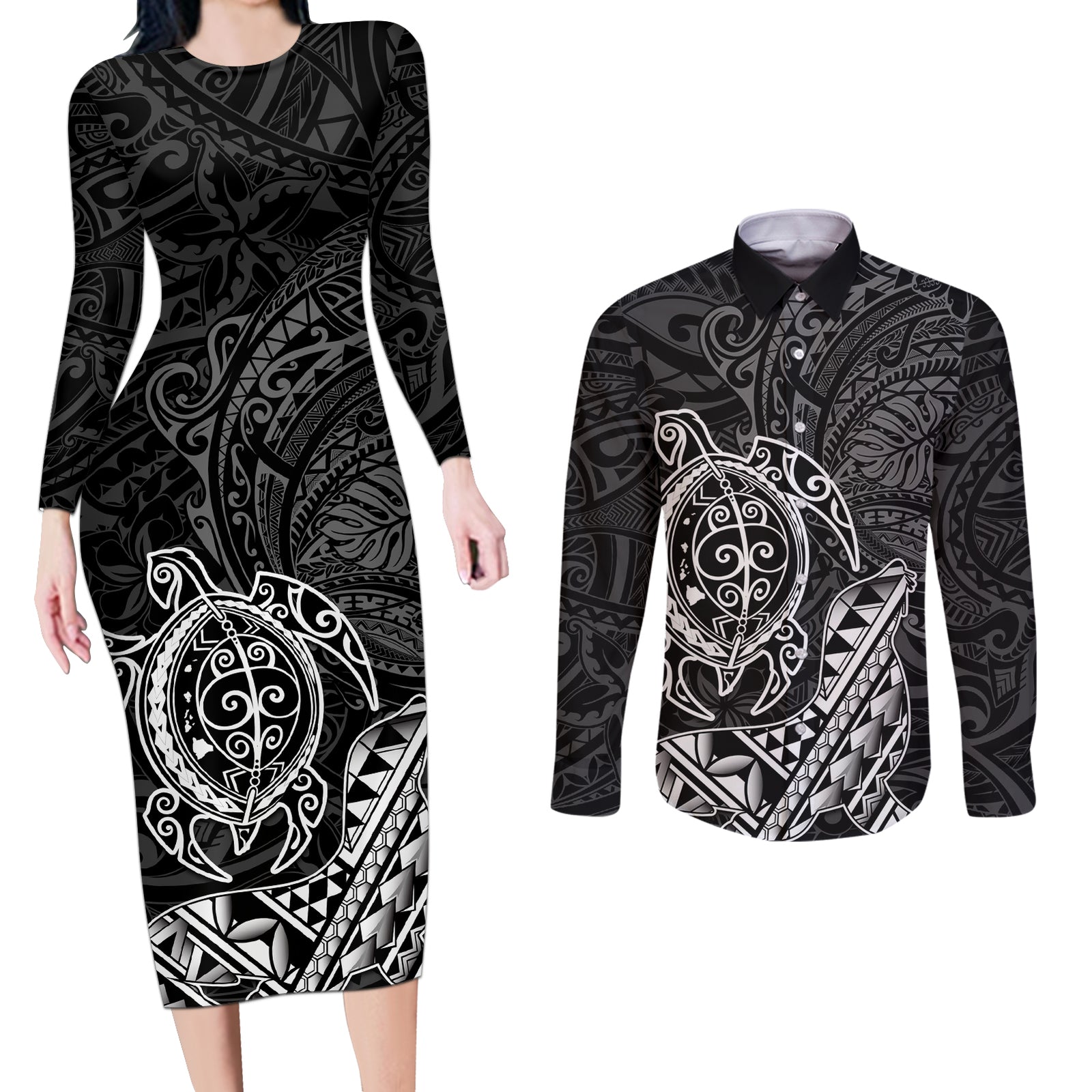 Hawaii Monk Seal and Dolphin Couples Matching Long Sleeve Bodycon Dress and Long Sleeve Button Shirt Polynesian Kakau Pattern Black White Color