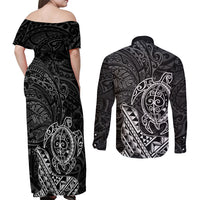 Hawaii Monk Seal and Dolphin Couples Matching Off Shoulder Maxi Dress and Long Sleeve Button Shirt Polynesian Kakau Pattern Black White Color