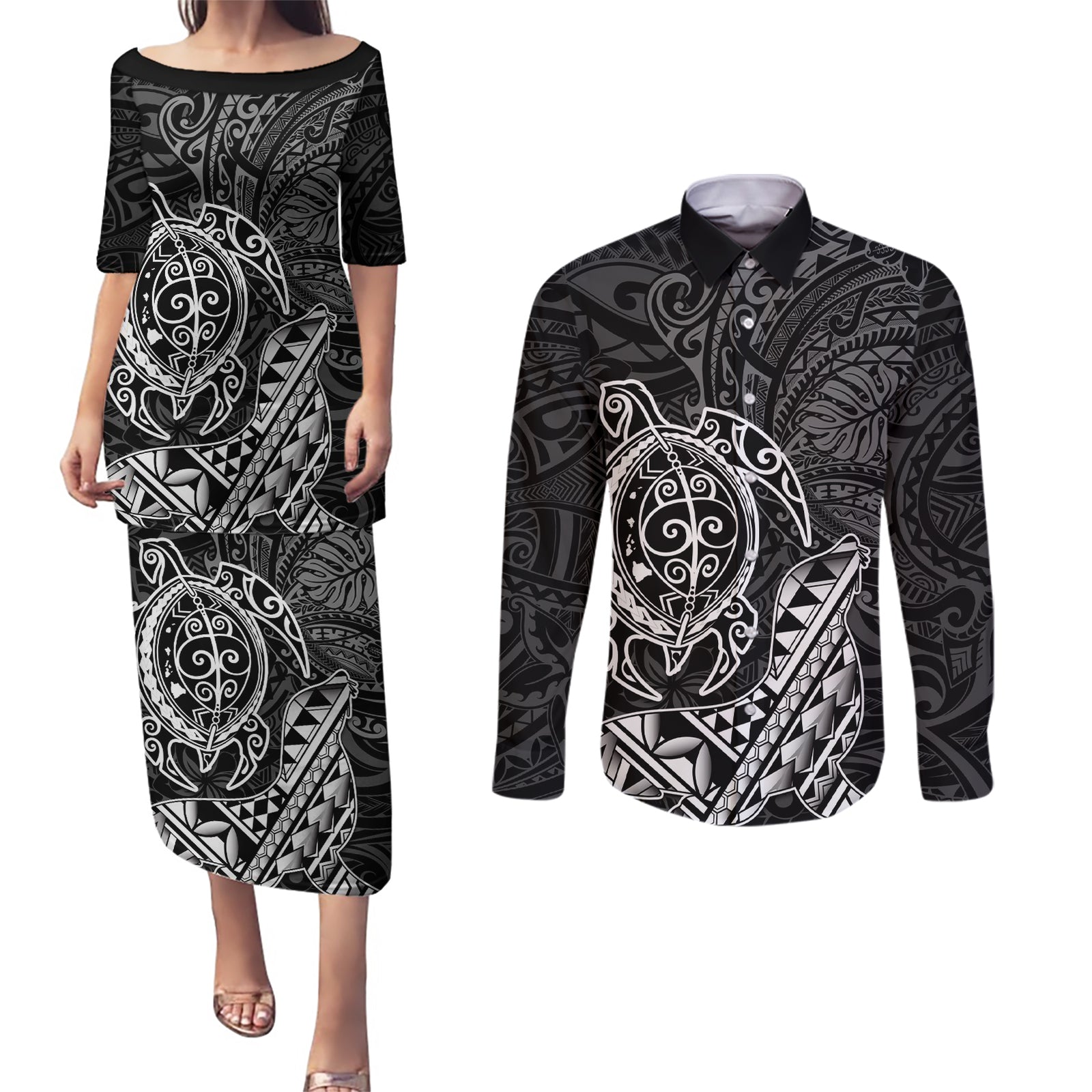 Hawaii Monk Seal and Dolphin Couples Matching Puletasi and Long Sleeve Button Shirt Polynesian Kakau Pattern Black White Color