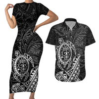 Hawaii Monk Seal and Dolphin Couples Matching Short Sleeve Bodycon Dress and Hawaiian Shirt Polynesian Kakau Pattern Black White Color LT03 Black - Polynesian Pride