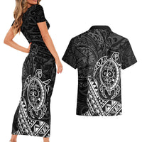 Hawaii Monk Seal and Dolphin Couples Matching Short Sleeve Bodycon Dress and Hawaiian Shirt Polynesian Kakau Pattern Black White Color LT03 - Polynesian Pride