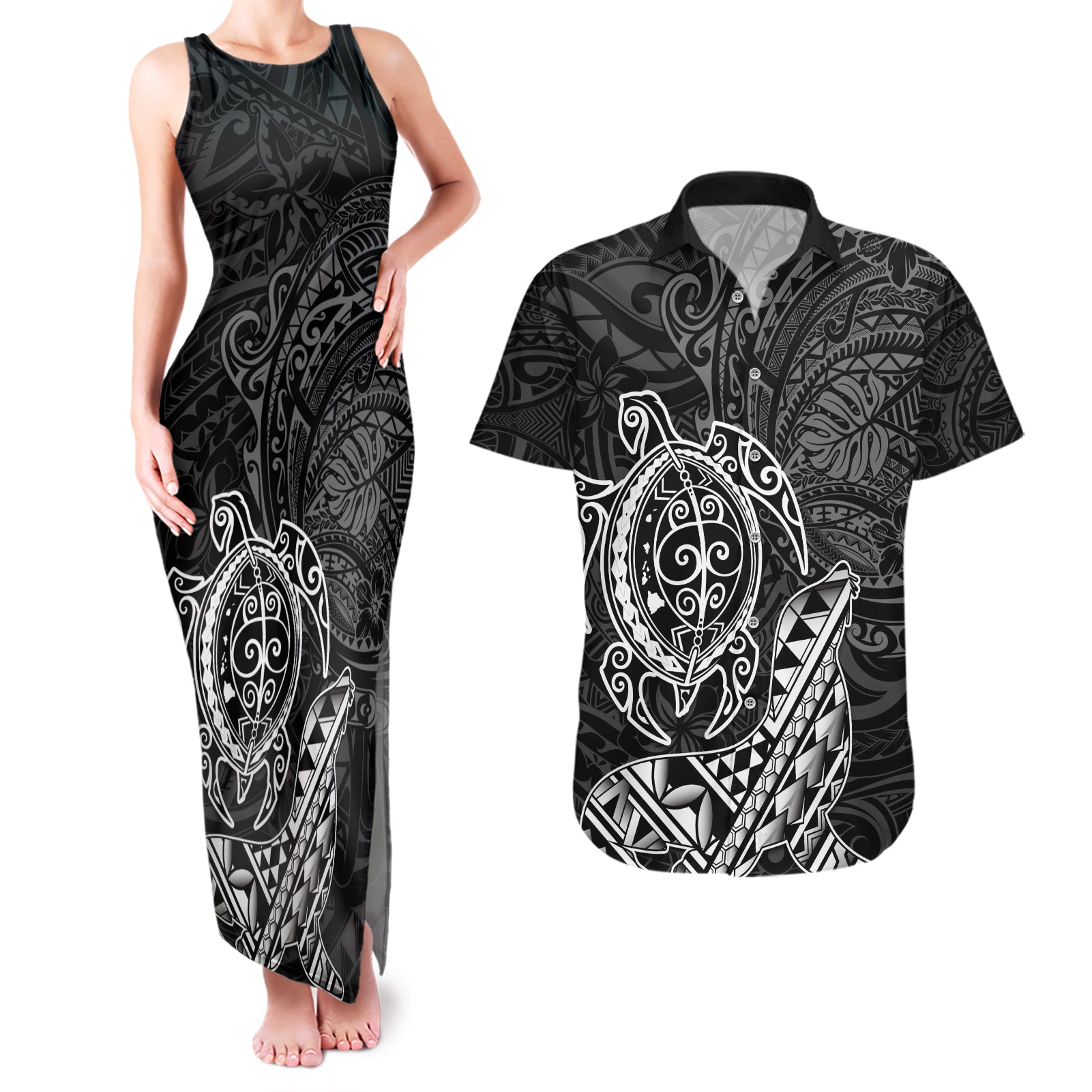 Hawaii Monk Seal and Dolphin Couples Matching Tank Maxi Dress and Hawaiian Shirt Polynesian Kakau Pattern Black White Color