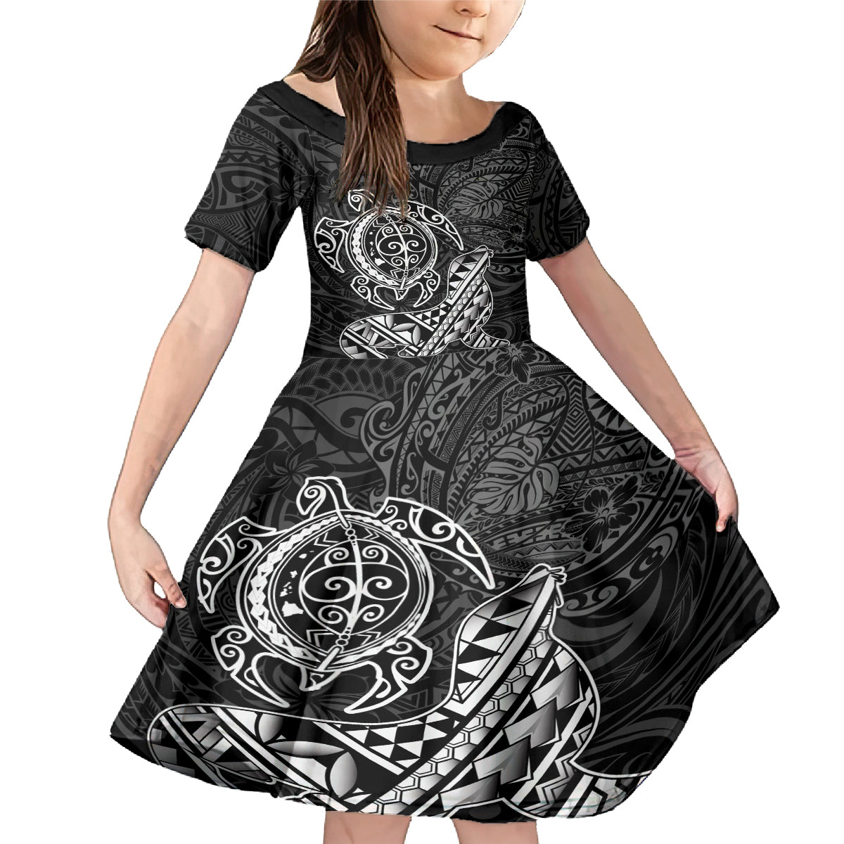 Hawaii Monk Seal and Dolphin Family Matching Mermaid Dress and Hawaiian Shirt Polynesian Kakau Pattern Black White Color LT03 Daughter's Dress Black - Polynesian Pride