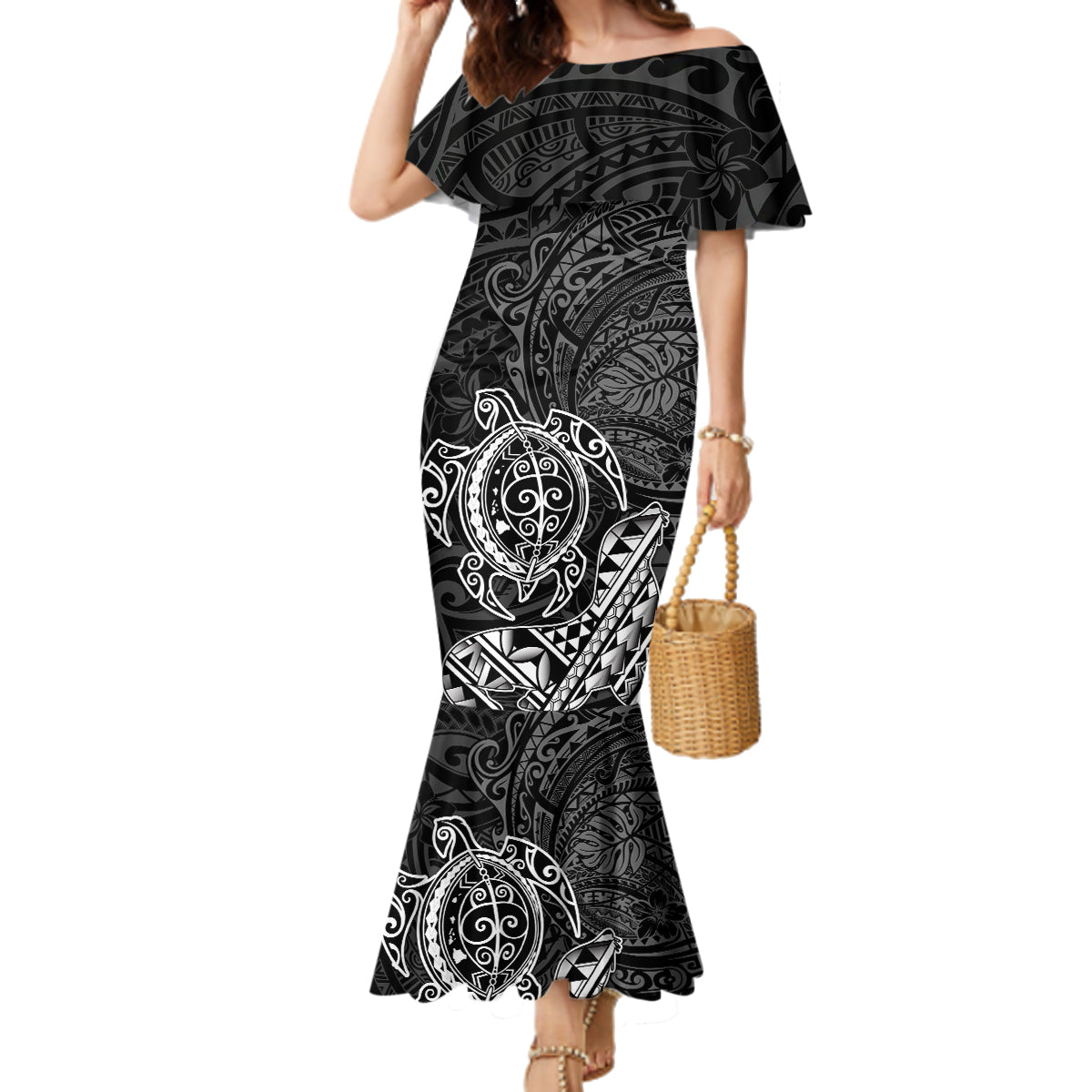 Hawaii Monk Seal and Dolphin Family Matching Mermaid Dress and Hawaiian Shirt Polynesian Kakau Pattern Black White Color LT03 Mom's Dress Black - Polynesian Pride