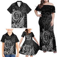 Hawaii Monk Seal and Dolphin Family Matching Off Shoulder Maxi Dress and Hawaiian Shirt Polynesian Kakau Pattern Black White Color LT03 - Polynesian Pride