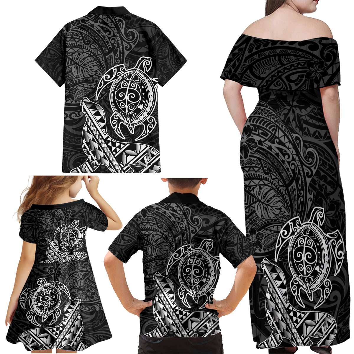 Hawaii Monk Seal and Dolphin Family Matching Off Shoulder Maxi Dress and Hawaiian Shirt Polynesian Kakau Pattern Black White Color LT03 - Polynesian Pride
