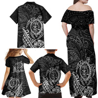 Hawaii Monk Seal and Dolphin Family Matching Off Shoulder Maxi Dress and Hawaiian Shirt Polynesian Kakau Pattern Black White Color LT03 - Polynesian Pride