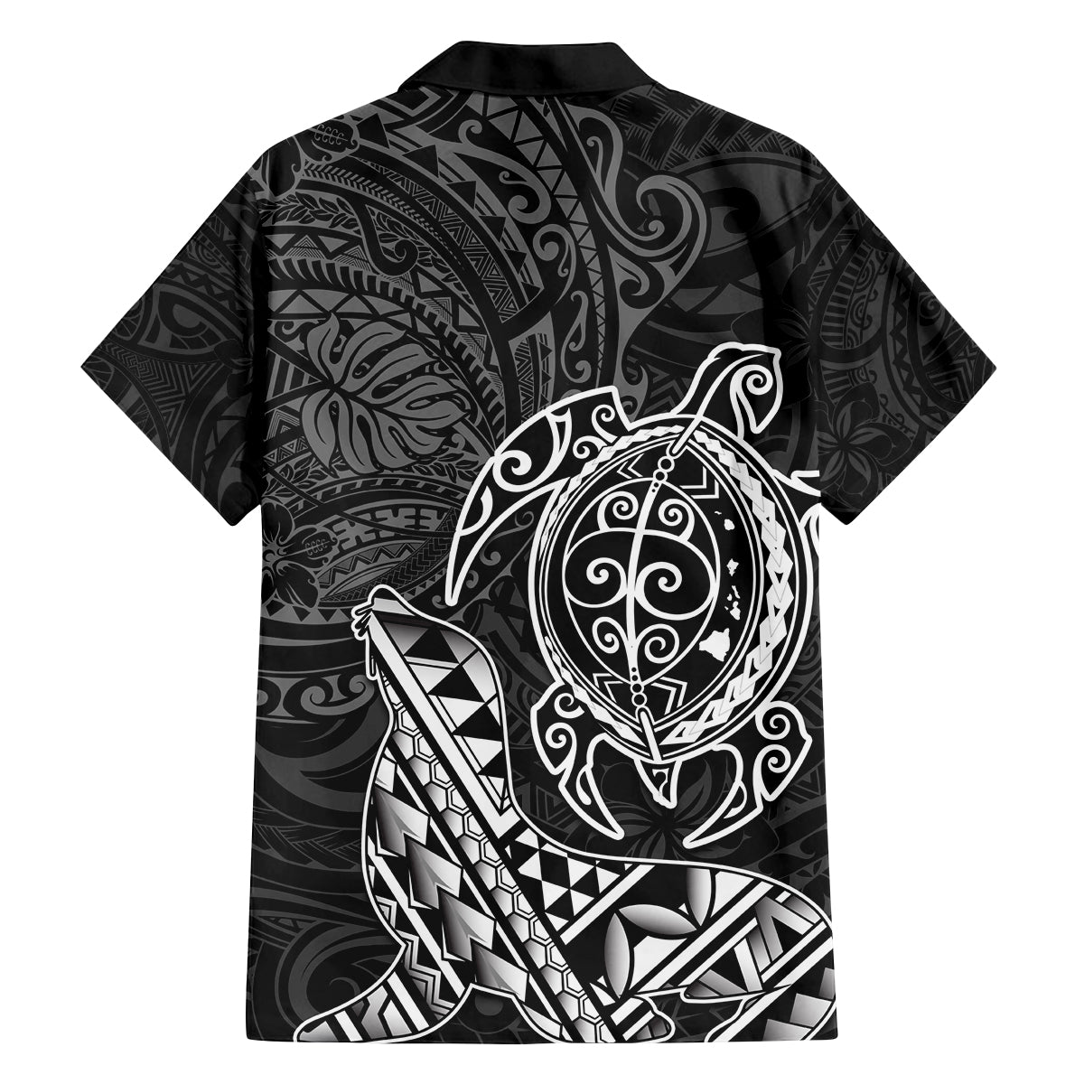 Hawaii Monk Seal and Dolphin Family Matching Off Shoulder Maxi Dress and Hawaiian Shirt Polynesian Kakau Pattern Black White Color LT03 - Polynesian Pride