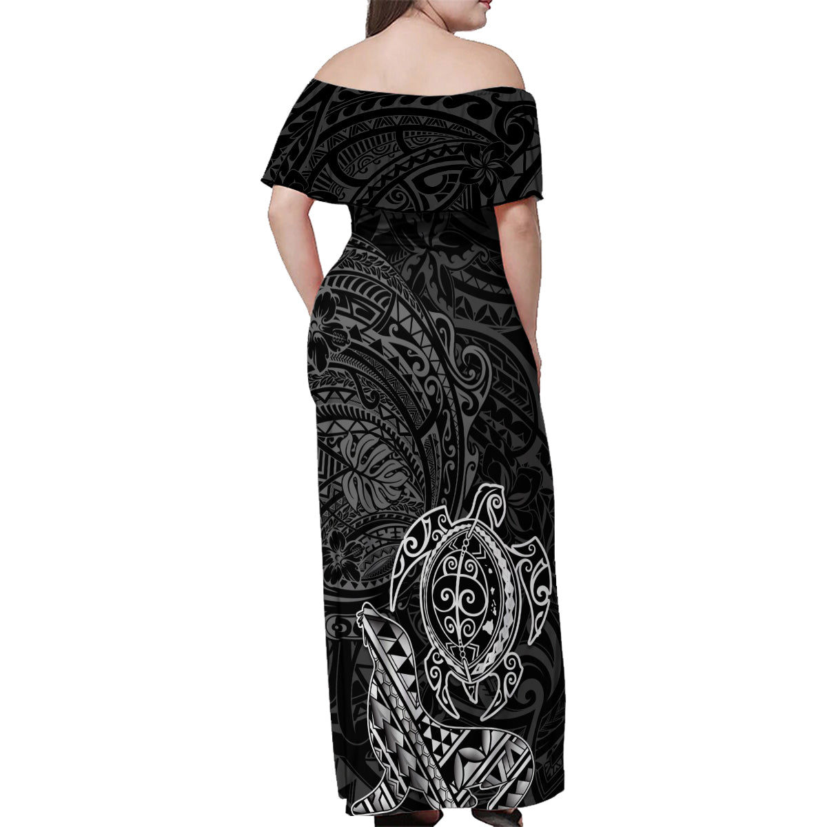 Hawaii Monk Seal and Dolphin Family Matching Off Shoulder Maxi Dress and Hawaiian Shirt Polynesian Kakau Pattern Black White Color LT03 - Polynesian Pride