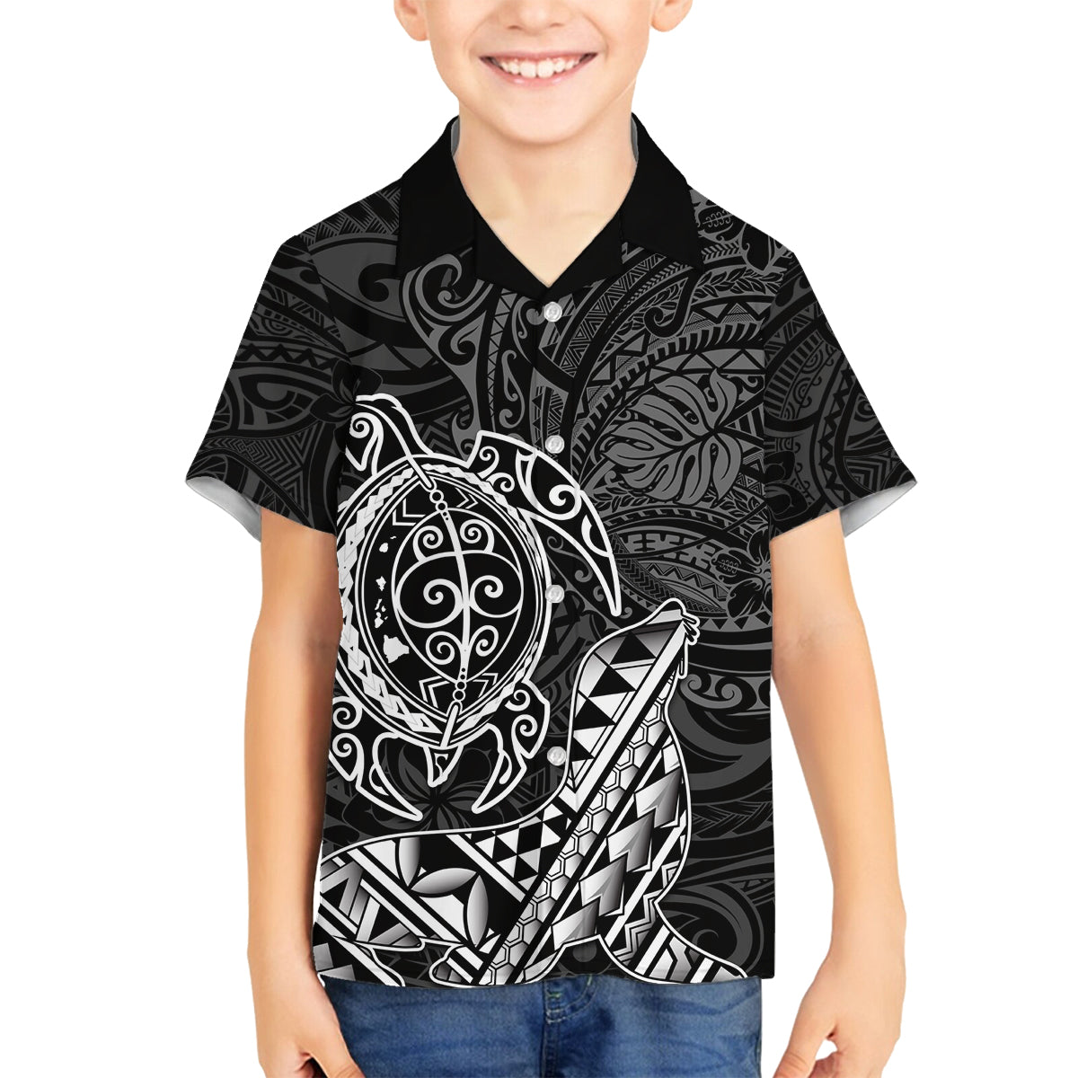 Hawaii Monk Seal and Dolphin Family Matching Off Shoulder Maxi Dress and Hawaiian Shirt Polynesian Kakau Pattern Black White Color LT03 Son's Shirt Black - Polynesian Pride