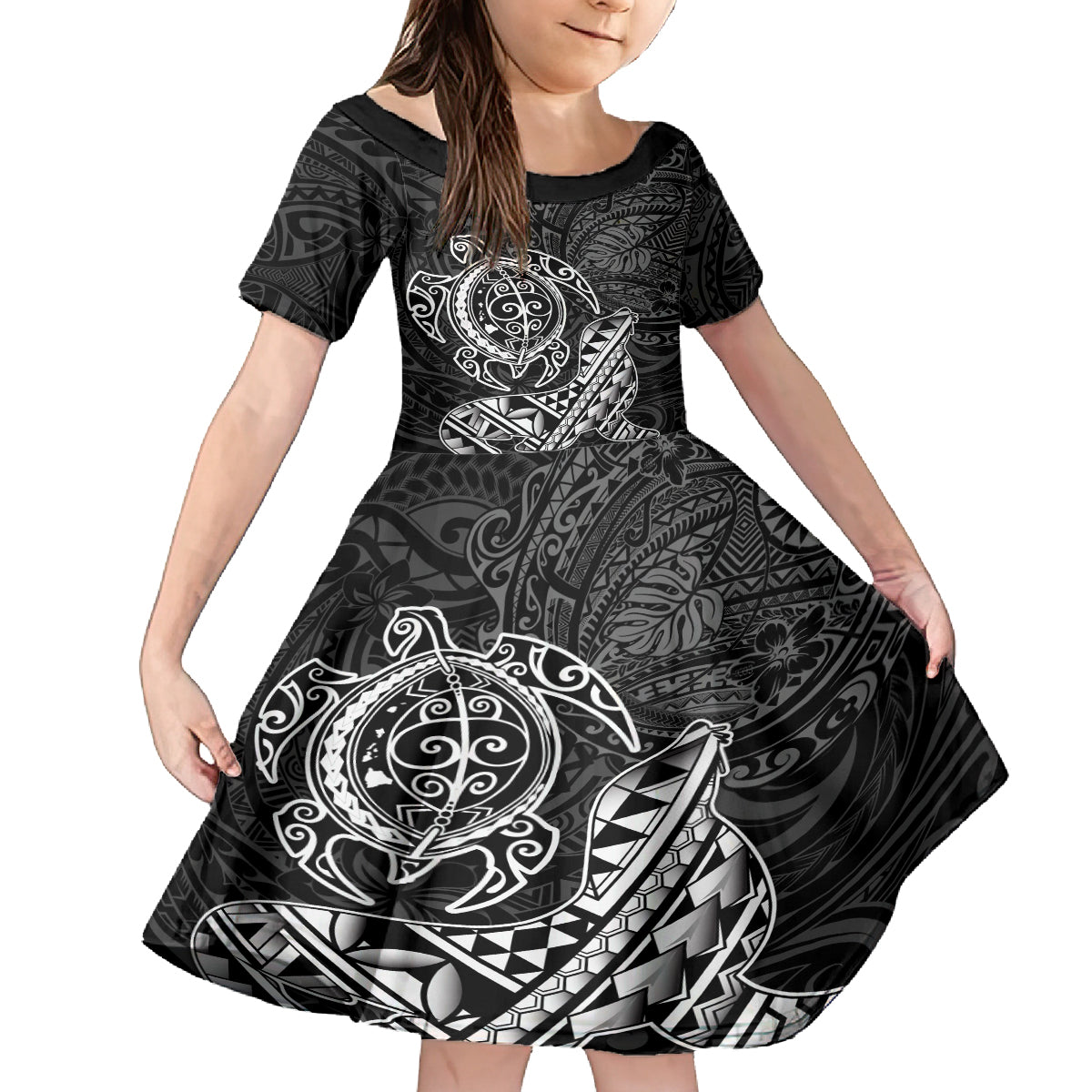 Hawaii Monk Seal and Dolphin Family Matching Puletasi and Hawaiian Shirt Polynesian Kakau Pattern Black White Color LT03 Daughter's Dress Black - Polynesian Pride