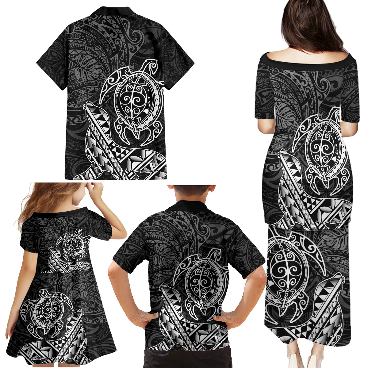 Hawaii Monk Seal and Dolphin Family Matching Puletasi and Hawaiian Shirt Polynesian Kakau Pattern Black White Color LT03 - Polynesian Pride