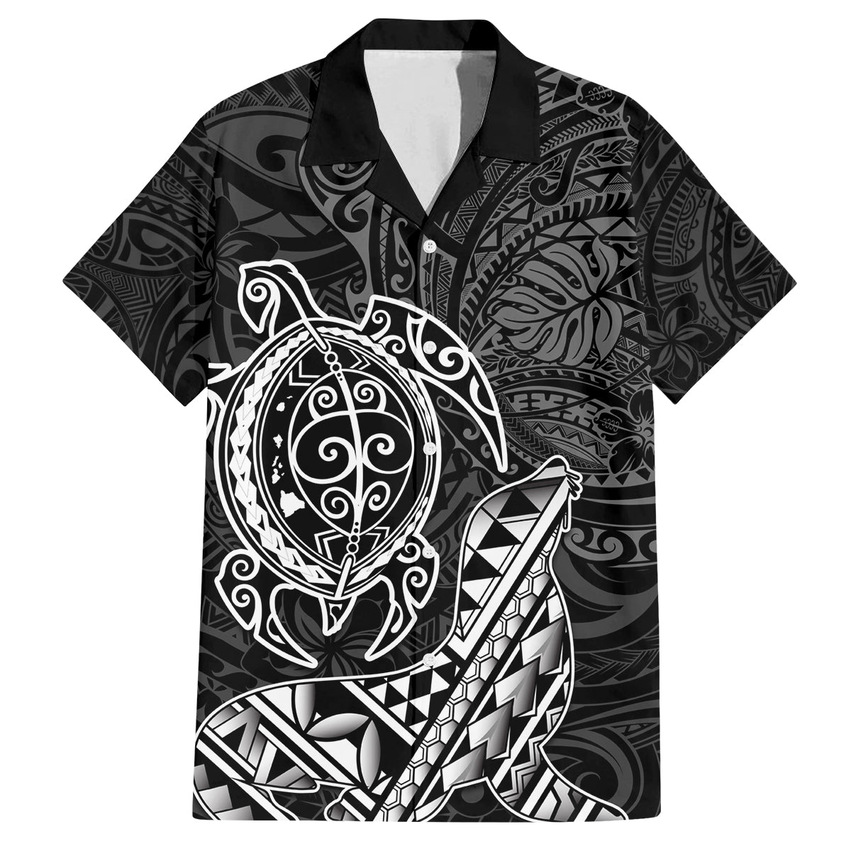 Hawaii Monk Seal and Dolphin Family Matching Puletasi and Hawaiian Shirt Polynesian Kakau Pattern Black White Color LT03 Dad's Shirt - Short Sleeve Black - Polynesian Pride