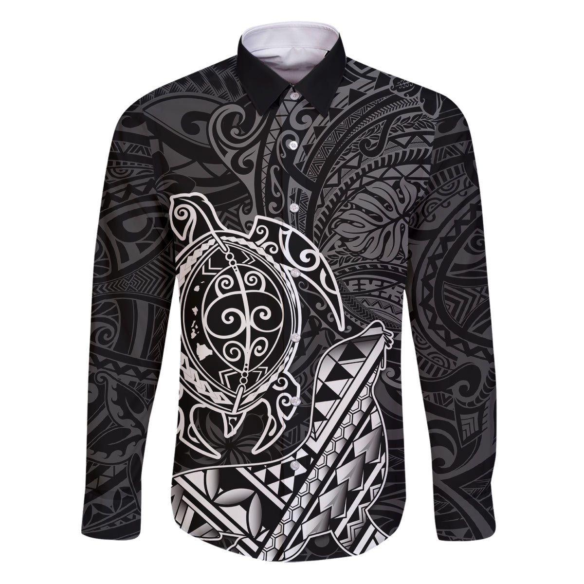 Hawaii Monk Seal and Dolphin Family Matching Puletasi and Hawaiian Shirt Polynesian Kakau Pattern Black White Color LT03 Dad's Shirt - Long Sleeve Black - Polynesian Pride