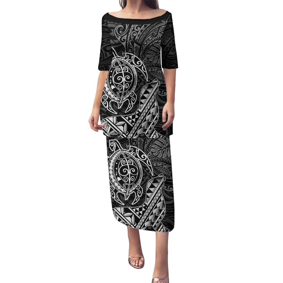 Hawaii Monk Seal and Dolphin Family Matching Puletasi and Hawaiian Shirt Polynesian Kakau Pattern Black White Color LT03 Mom's Dress Black - Polynesian Pride