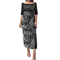 Hawaii Monk Seal and Dolphin Family Matching Puletasi and Hawaiian Shirt Polynesian Kakau Pattern Black White Color LT03 Mom's Dress Black - Polynesian Pride