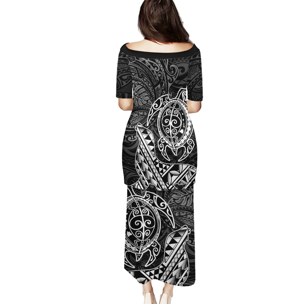 Hawaii Monk Seal and Dolphin Family Matching Puletasi and Hawaiian Shirt Polynesian Kakau Pattern Black White Color LT03 - Polynesian Pride