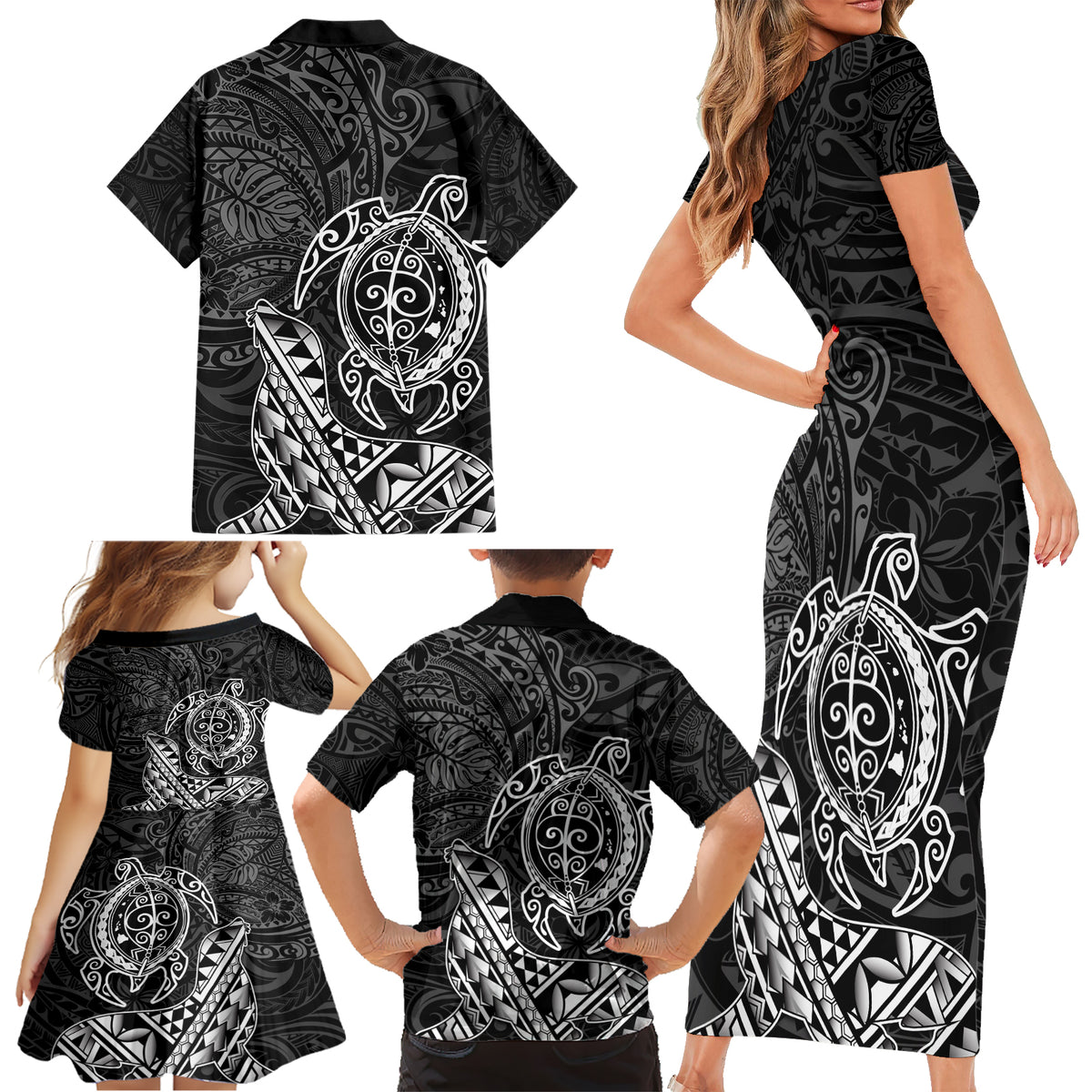 Hawaii Monk Seal and Dolphin Family Matching Short Sleeve Bodycon Dress and Hawaiian Shirt Polynesian Kakau Pattern Black White Color