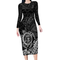 Hawaii Monk Seal and Dolphin Long Sleeve Bodycon Dress Polynesian Kakau Pattern Black White Color LT03 Long Dress Black - Polynesian Pride