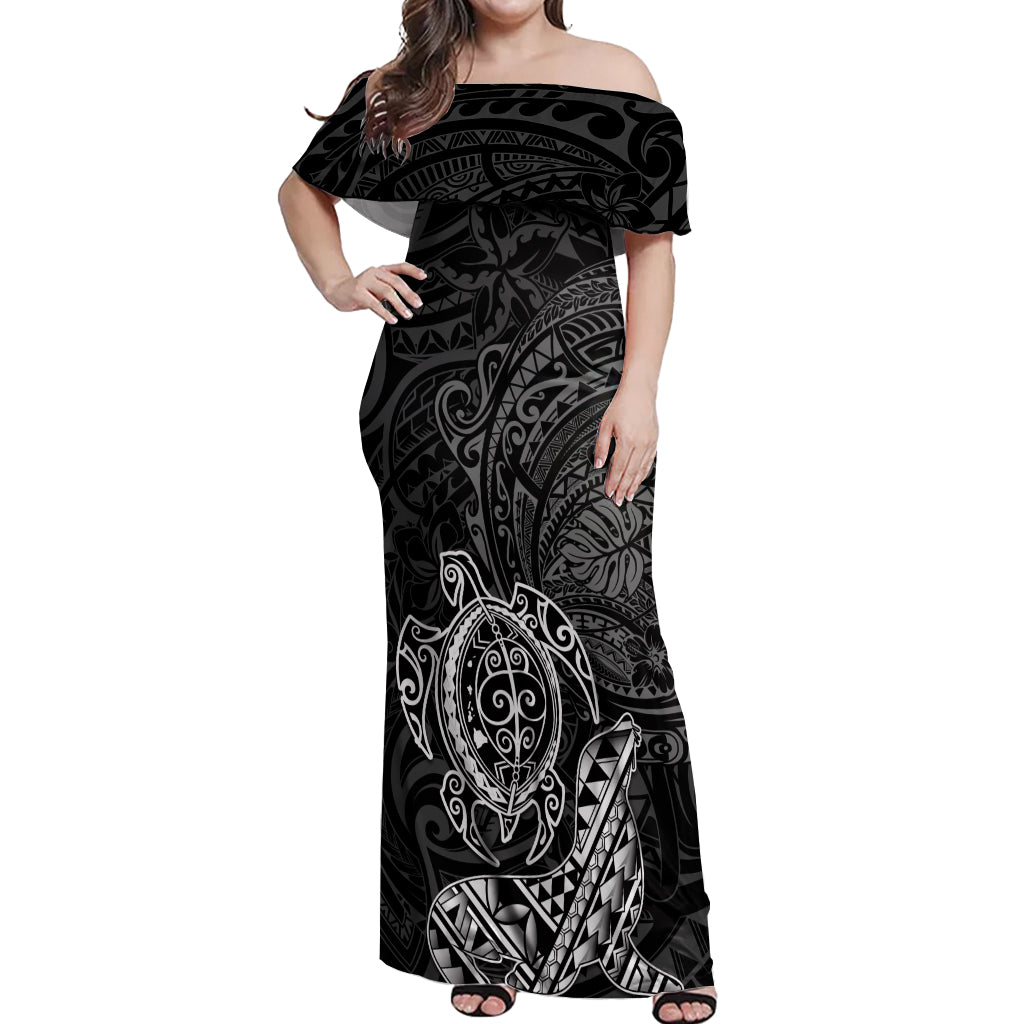 Hawaii Monk Seal and Dolphin Off Shoulder Maxi Dress Polynesian Kakau Pattern Black White Color LT03 Women Black - Polynesian Pride