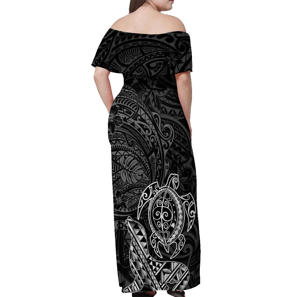 Hawaii Monk Seal and Dolphin Off Shoulder Maxi Dress Polynesian Kakau Pattern Black White Color LT03 - Polynesian Pride